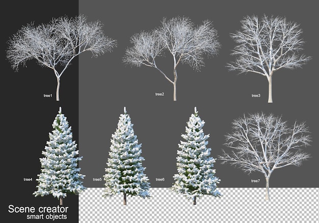 PSD rendering 3d vari tipi di alberi d'inverno