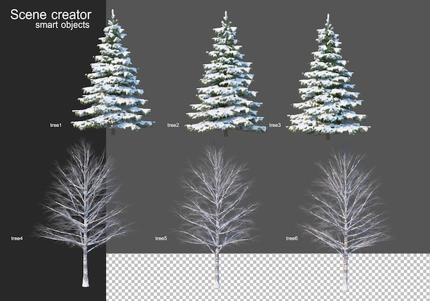 PSD rendering 3d vari tipi di alberi d'inverno