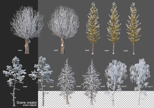 さまざまな種類の冬の木を3Dレンダリング