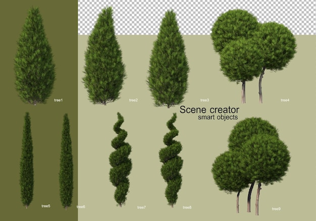 PSD 3d rendering of various tree designs