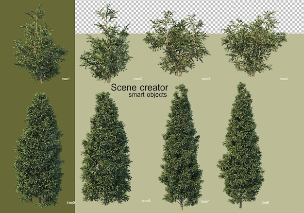 3d rendering of various tree designs