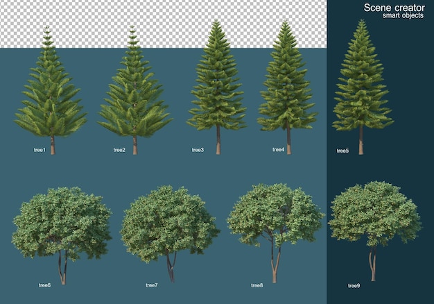 PSD 3d rendering, various tree layouts