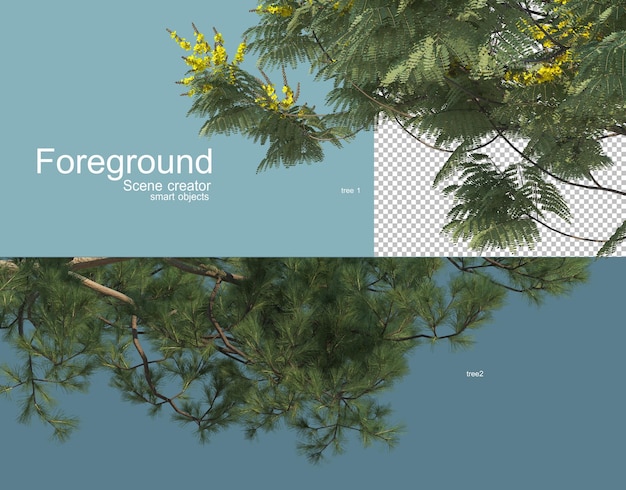 Rendering 3d di vari alberi in primo piano