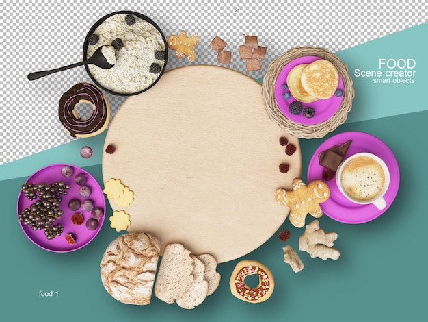 PSD 3d rendering of various types of food layouts