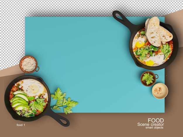 3d rendering of various types of food layouts