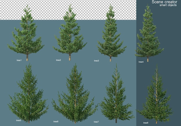 PSD rendering 3d di vari tipi di alberi di pino