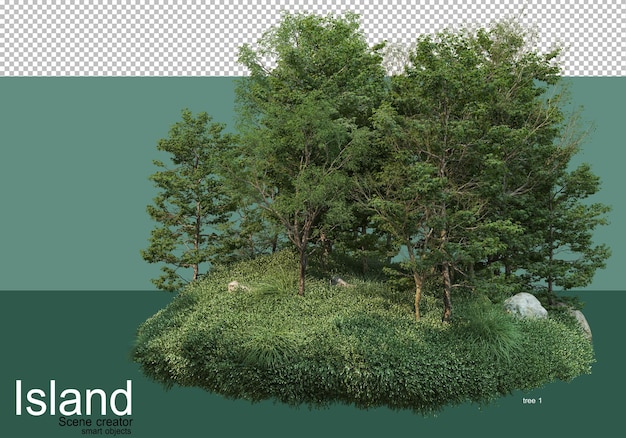 3d rendering of various types of trees on the island