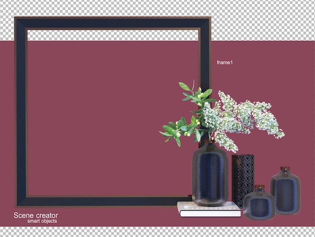 3d rendering of vase with various elements and frame arrangement