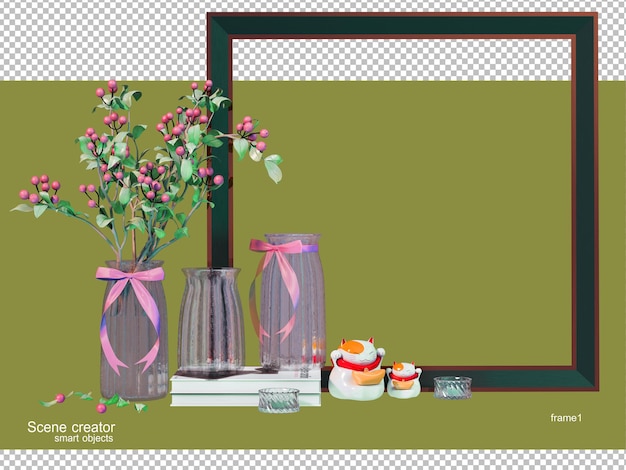 PSD 3d rendering of vase with various elements and frame arrangement