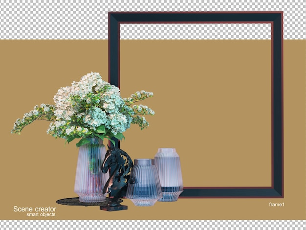 3d rendering of vase with various elements and frame arrangement