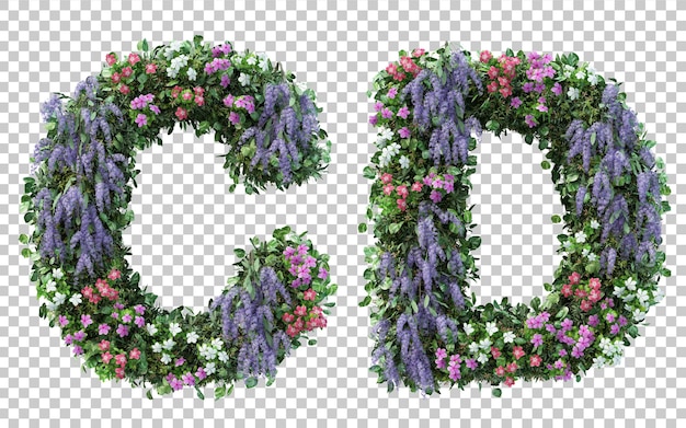 3d rendering of vertical flower garden alphabet c and alphabet d isolated