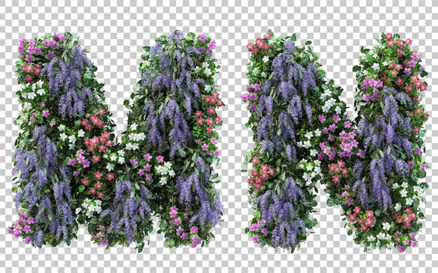 Rendering 3d di alfabeto giardino fiorito verticale m e alfabeto n isolato