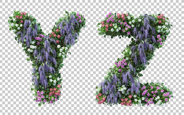 3d rendering of vertical flower garden alphabet y and alphabet z isolated