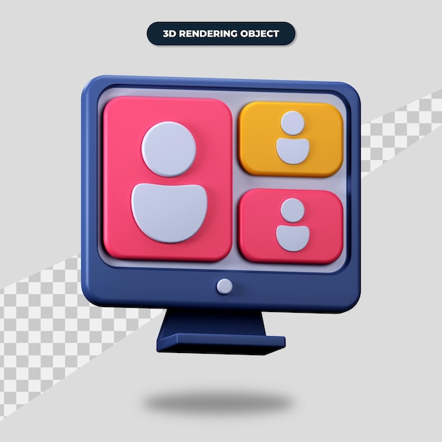 3D-rendering video-oproeppictogram, drie mensen op één computer
