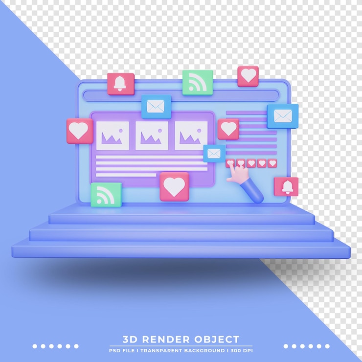 PSD 다양한 아이콘 장식품이있는 비디오 플레이어 웹 사이트의 3d 렌더링