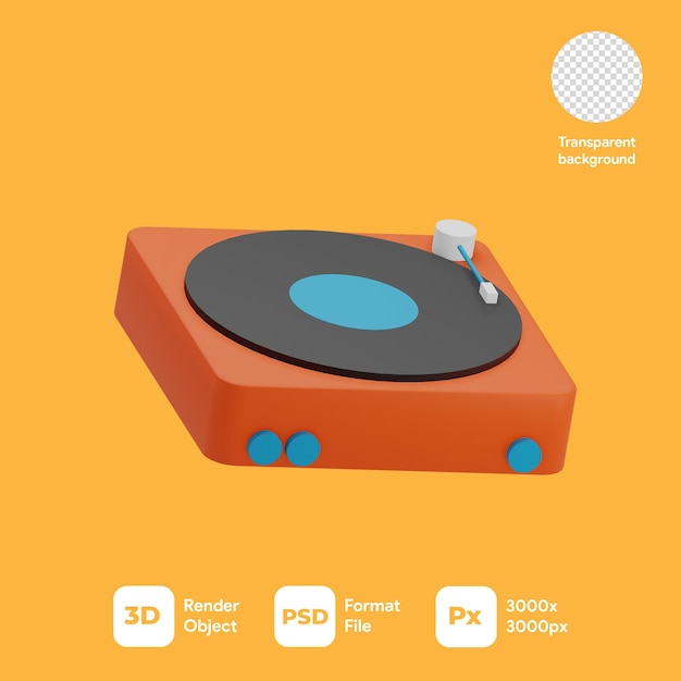 PSD 3d rendering vinyl player icon with transparent background