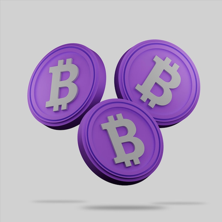 PSD 3d-рендеринг фиолетовой монеты биткойна
