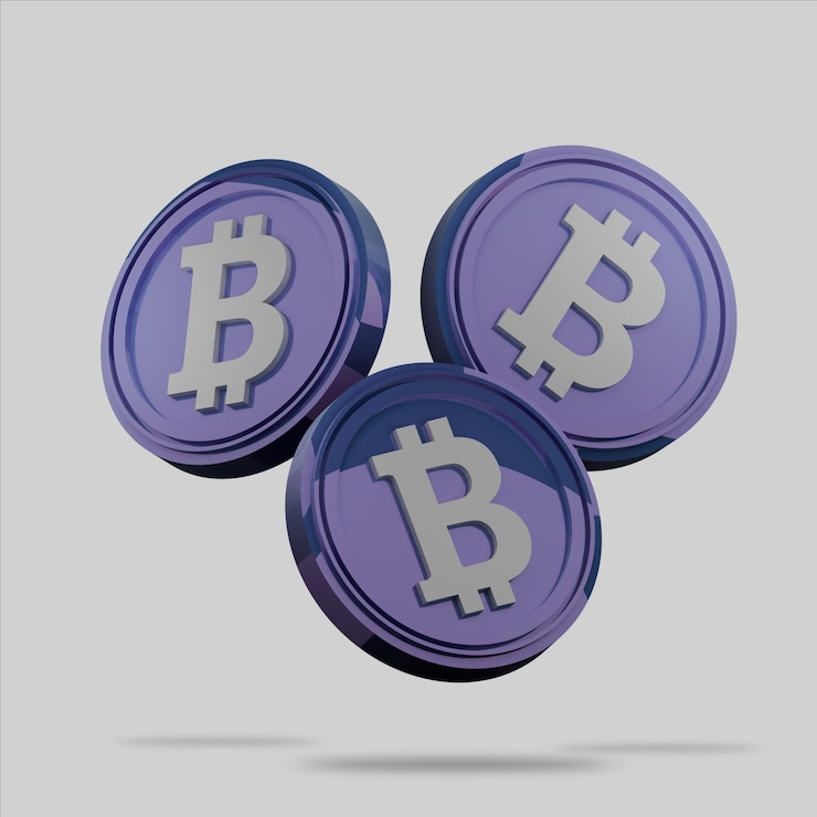 PSD 3d-рендеринг биткойновой монеты с фиолетовой текстурой
