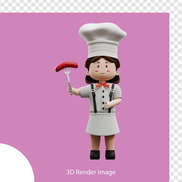 3d-rendering vrouwelijke chef-kok met worst
