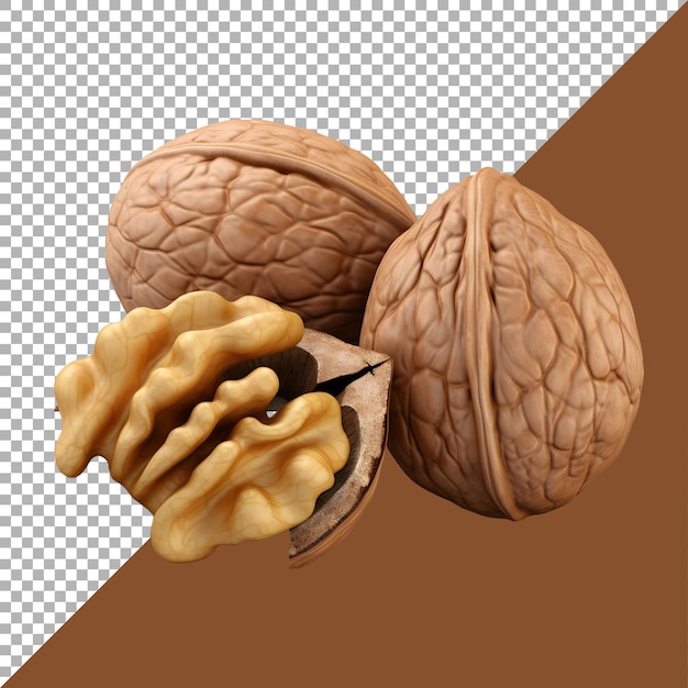 PSD 3d rendering of a walnuts with leaves on transparent background ai generated