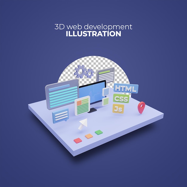 PSD 3d rendering web development concept with computer icons idea of coding and programming