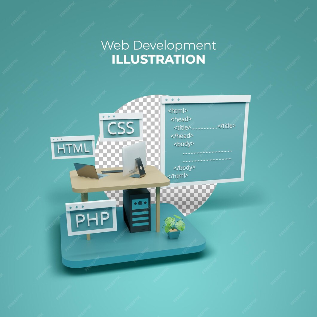 Premium PSD | 3D rendering Web development concept with computer icons ...