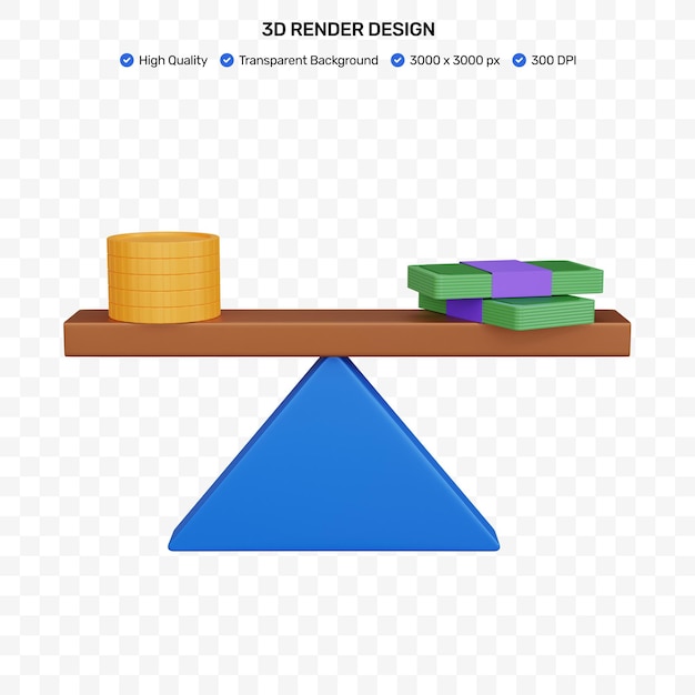 3d-rendering weegschaal met geld geïsoleerd