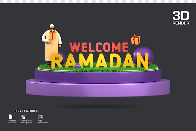 3d-рендеринг приветственного украшения рамадана с мужским персонажем, держащим подарочную коробку на подиуме