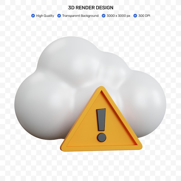 3d rendering white cloud error with a yellow warning sign isolated