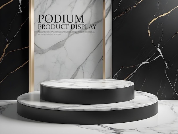 PSD 3d rendering white marble podium with hipster black background creative minimal concept