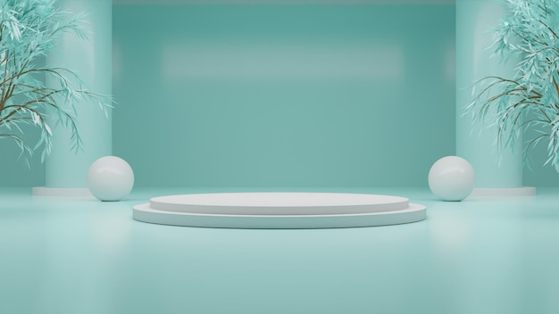 3d Rendering white podium on blue background with tree