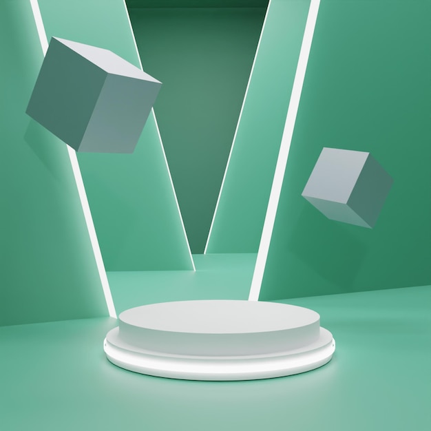 3D rendering white podium on green background High quality