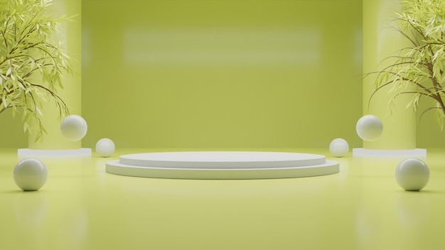 3d Rendering white podium on green background with tree