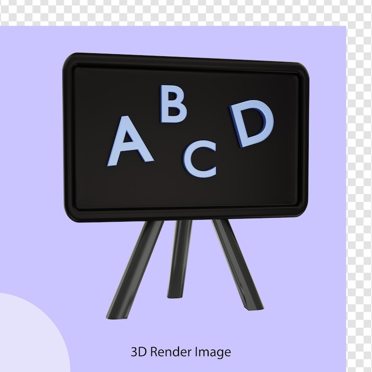 PSD 3d rendering of whiteboard with abcd writing