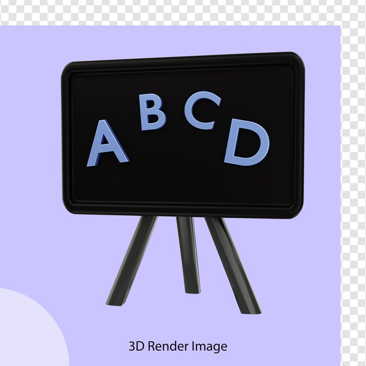 PSD 3d rendering of whiteboard with abcd writing