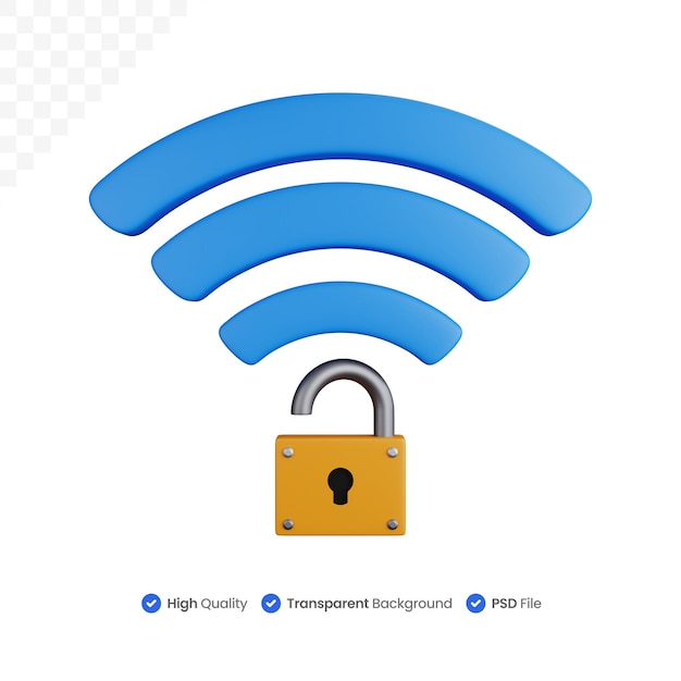 3D рендеринг символа wifi с открытым замком изолирован