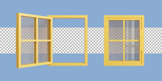PSD 3d rendering window yellow color set door knob silver tranparent