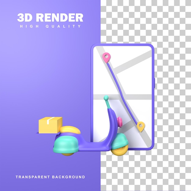 Rendering 3d con uno scooter e posizione esatta sulla mappa.