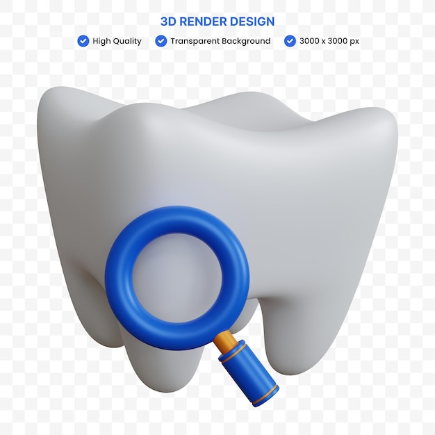 3d-rendering witte tand met een vergrootglas geïsoleerd