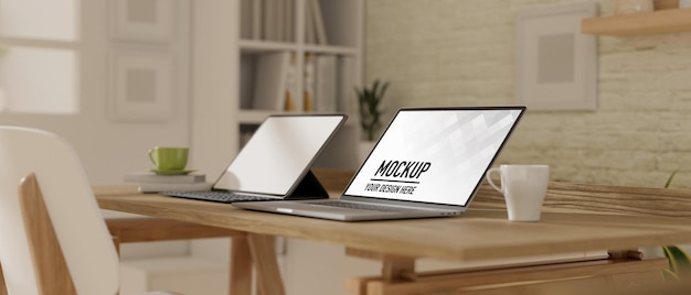 3D rendering of workspace with laptops mockup