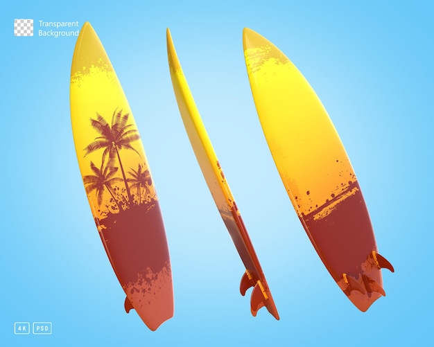 야자수 전면 및 후면 보기가 있는 3d 렌더링 노란색 및 갈색 서핑 보드