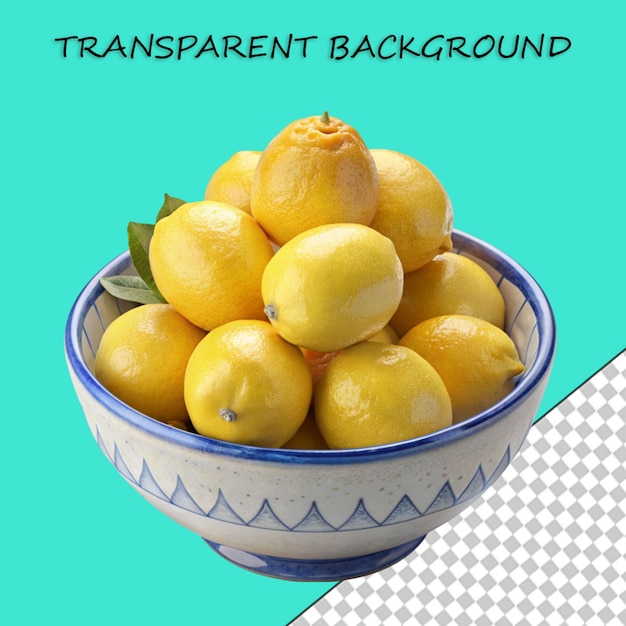 3d rendering of a yellow lemons in a bowl on transparent background