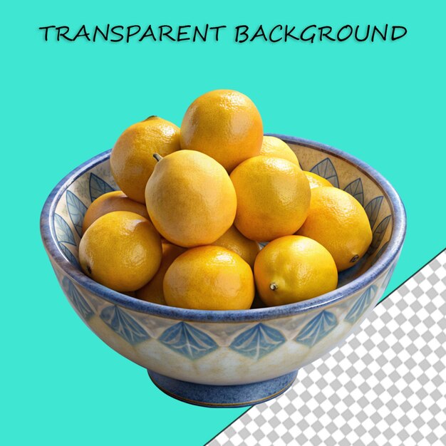 PSD 3d rendering of a yellow lemons in a bowl on transparent background