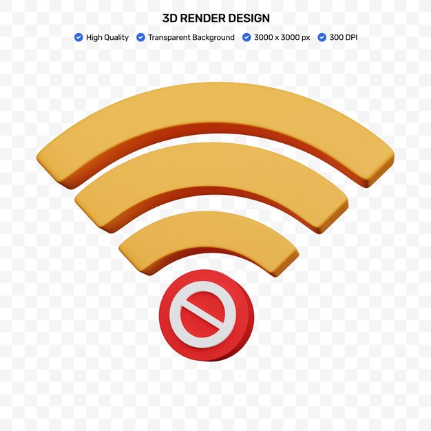 3d rendering wifi giallo con l'icona del segno di divieto isolata