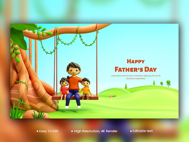 PSD 3d rendering of young man swinging with his children on garden view background for happy father's day concept