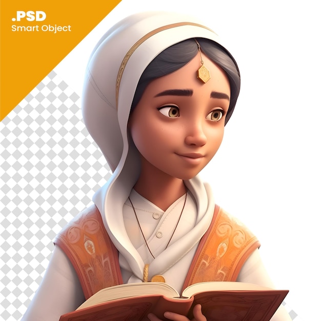 3d rendering of a young muslim woman reading a holy book psd template