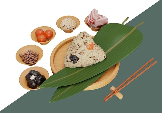 PSD rendering 3d di zongzi con ingredienti sfondo trasparente