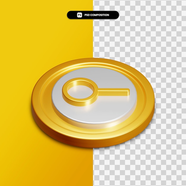 3d rendering zoom icon on golden circle isolated