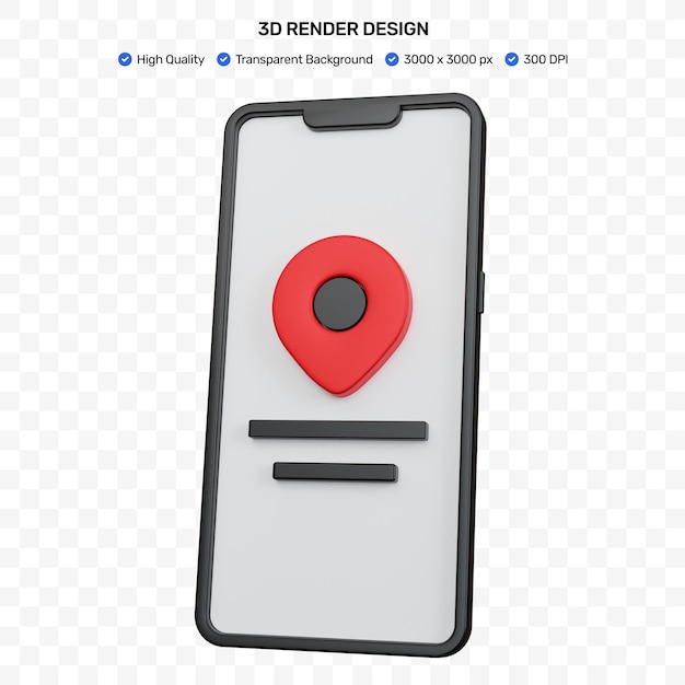 3D-rendering zwarte smartphone met rode kaart aanwijzer pin pictogram geïsoleerd