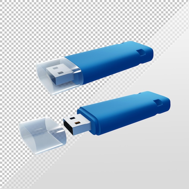 3d-renderingblauwe flashdisk met deksel open en dicht